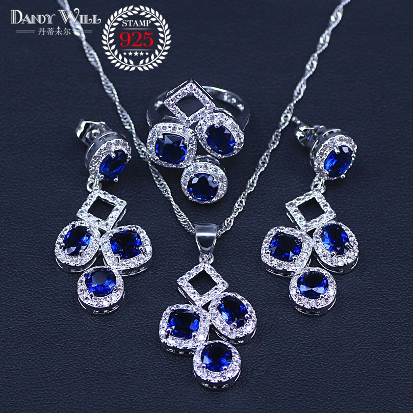 Zilveren bruidssieradensets met blauwe zirkonia, dameshangers en ketting, ring, oorbellen met natuursteen, armbanden en sieradendoos