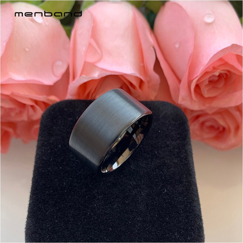 Large Men Ring Black Tungsten Wedding Ring Flat Band And Brushed Finish 12MM Ring Box Available