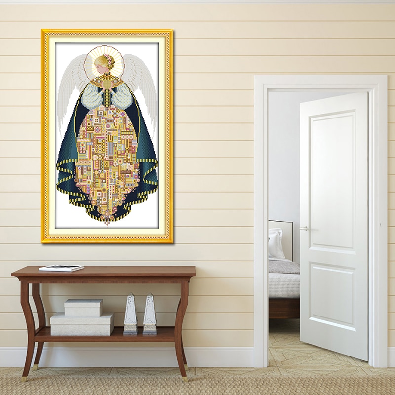 Angel Embroidery Gold Thread and French Knot DIY Hand Made Aida Cotton Canvas Painting of Needlework Crafts Cross Stitch Kits