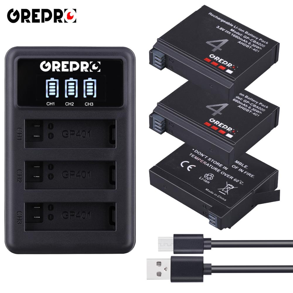 3 st 1680 mah gopro hero 4 ahdbt -401 batteri+ led 3- platser usb-laddare för gopro hero 4 gopro ahdbt -401 actionkamera batteri: 3b med laddare