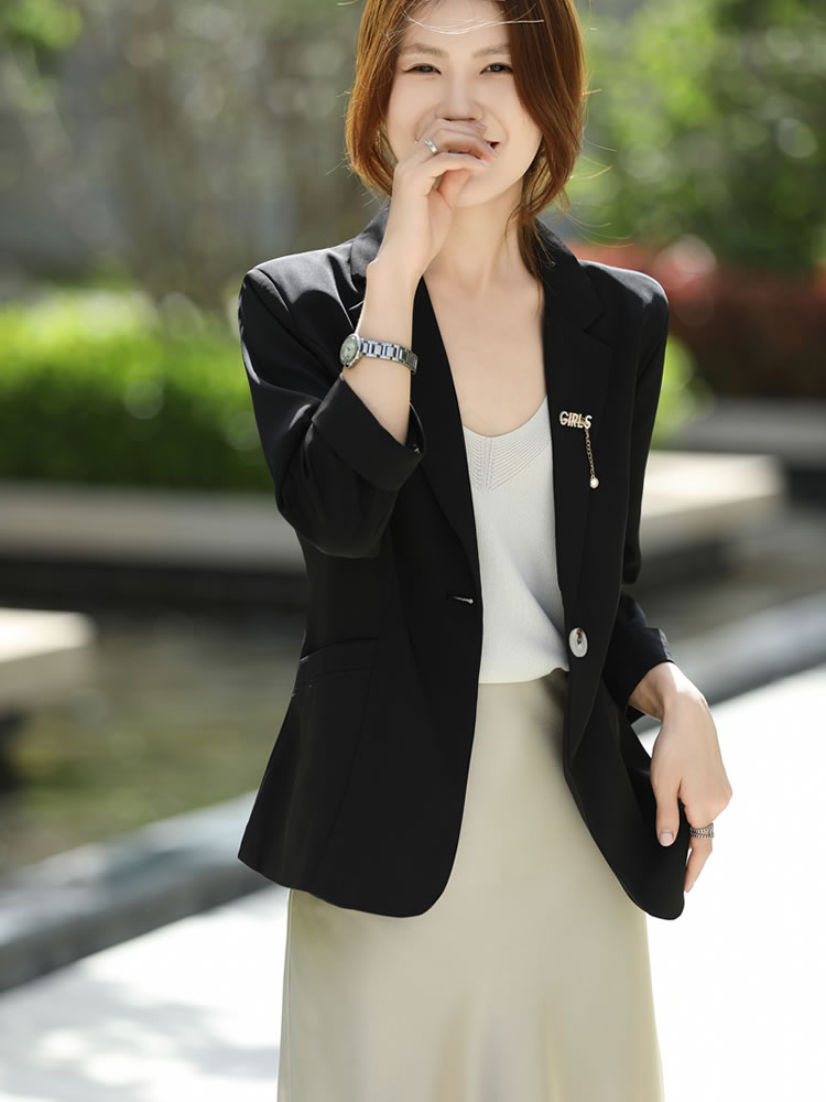 Lente En Zomer Nieuw Casual Klein Pak Voor Dames Trendy Westerse Stijl Driekwart Mouw Gesp Jas Dun En Comfortabele Top