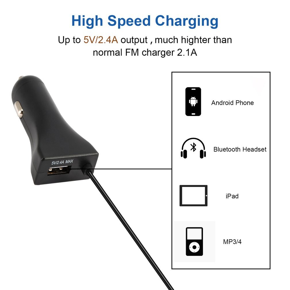 Catuo fm-transmitter-autoradio-modulator mit 3.5mm aux-anschlüssen und 5v/2.4a usb-autoladegeräten, einfach zu bedienen, schwarz