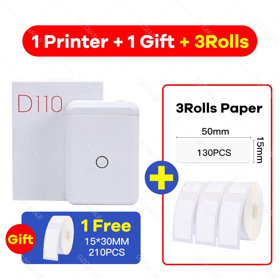 Niimbot  d110 etiketprinter mini klistermærke papirrulle transparenter trådløs bluetooth telefonprinter etiket prisskilt udskrivning etiket: Tilføje 3 hvide etiketter b