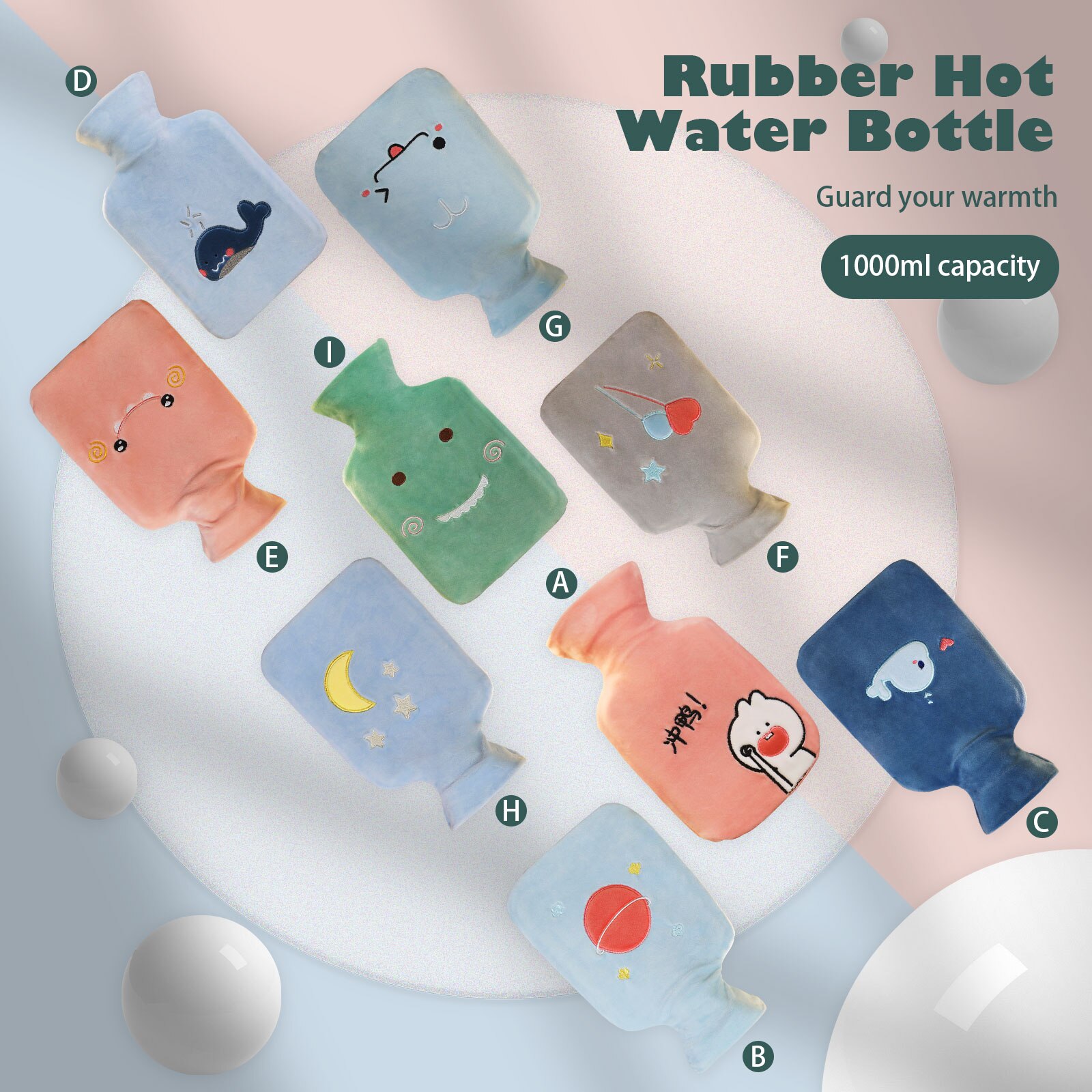 1000ml Rubber Water Bottle with Plush Cartoon Cute Cover Warm Water Bag Hand Stomach Waist Warmer for Home Classroom Office