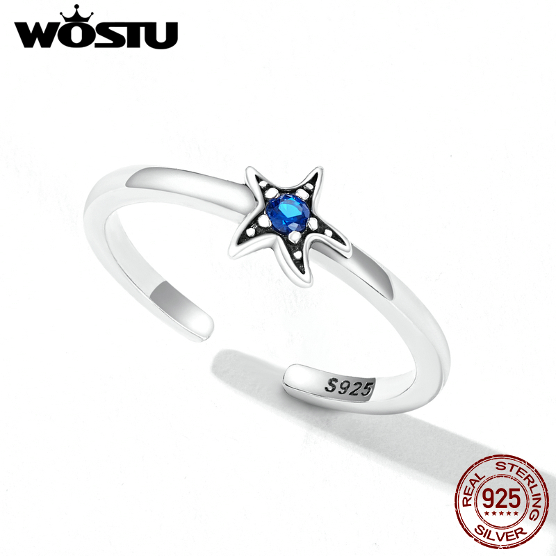 WOSTU 925 Sterling Splitter Ozean Seestern Einstellbare Ringe Dunkelblau Zirkon Finger Offenen Ring Für Weibliche Original Schmuck CQR818