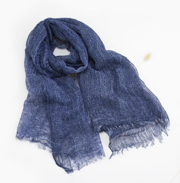 Luxe Solid Real Linnen Zomer Rimpel Zijden Sjaal Vrouwen Shawl Lange Soft Wrap M201: Navy