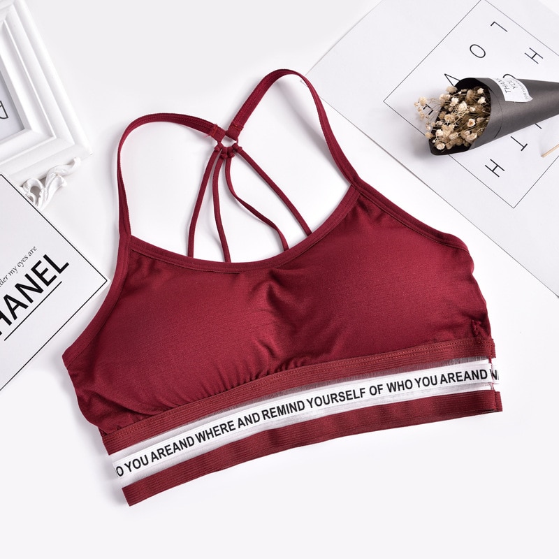 Women Bra Top One Size Letters Cotton Sports Top Gym Jogging Running Sports Bra Wire Free Bandeau Sports Bra Tops: Burgundy