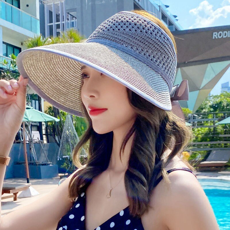 Foldable Summer Women's Sun Hat Bucket Cap Lace Bowknot Flowers Ribbon Flat Top Panama Soft Straw Hat Beach Caps: GY