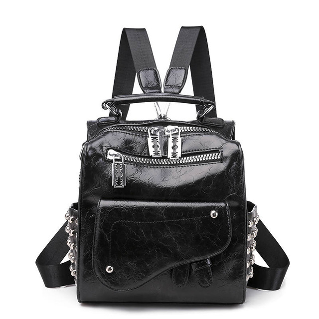 Europese en Amerikaanse Stijl Straat Mode Kleine Rugzak Vrouwen Zacht Leer Klinknagel Rugzakken Meisjes Casual Knapzak Bag Sac A Dos: Black