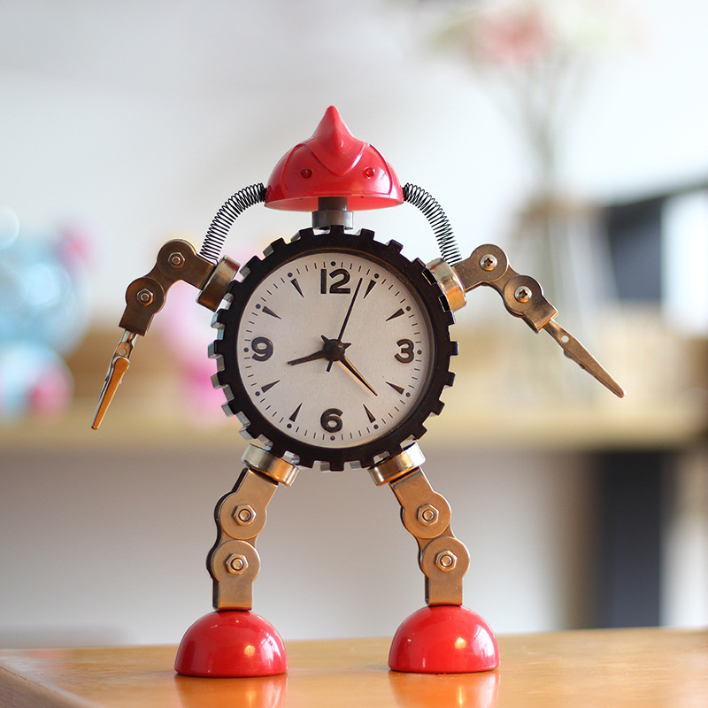 Metal robot student uses cartoon children&#39;s silent alarm clock cute little alarm clock bedside clock: Red