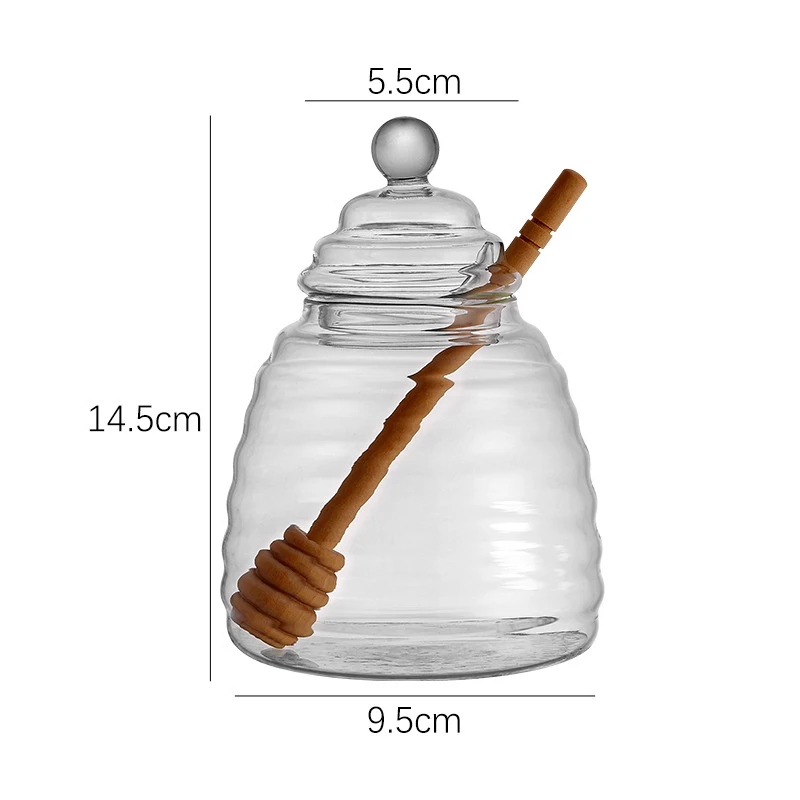 Szklany słoik na miód z pokrywką, przezroczysty słoik na dżem, prążkowana szklana butelka, domowa kuchnia, pojemnik do przechowywania miodu z mieszadłem: Niebieski