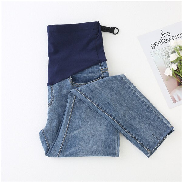Calça jeans maternidade de 9/10 comprimento, jeans elástico, lavado, moda verão, roupa lápis para mulheres grávidas, calças para gravidez: 1042 BLUE / M