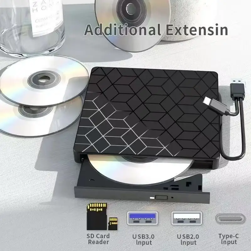 Gravador de dvd externo 7 em 1, usb 3.0/tipo-c, gravador de unidade óptica de dvd, cd/dvd player para laptop, desktop, cd, dvd, leitura, escrita