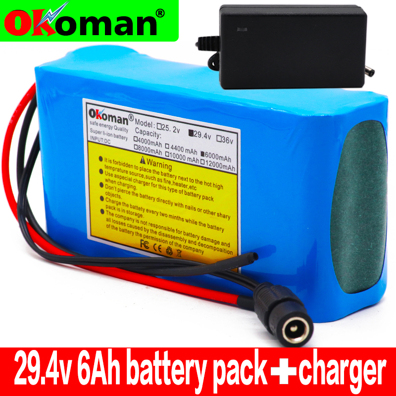 100% High capacity 24V 6Ah 18650 Battery li-ion battery pack 29.4v 6000mah Electric bicycle moped /Li-ion battery with charger
