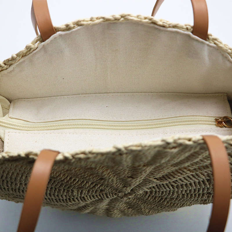 Sac de plage en paille ronde sac à bandoulière fait main en coquille tissée d'été pour filles, cercle en rotin tressé détail sac avec fermeture à glissière