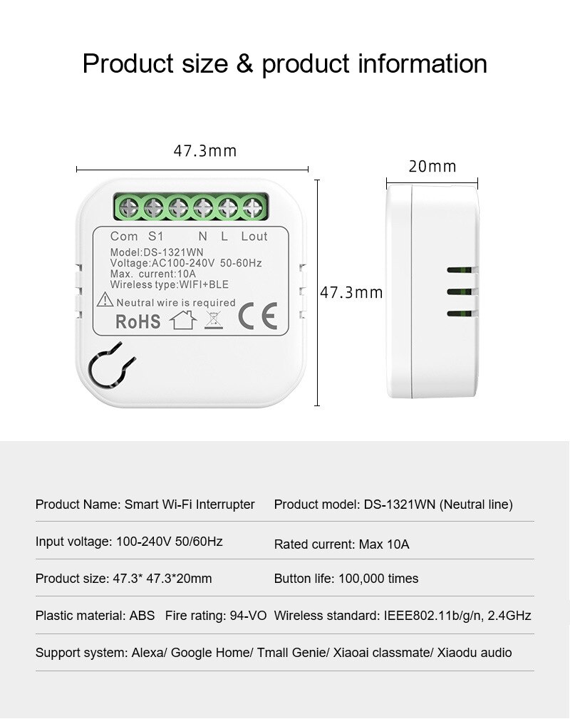 Tuya 10a mini wlan + bluetooth smart-schalter mit zeitschaltuhr, kabellos, unterstützt 2 wege, kompatibel mit alexa, google home und der smart life app.