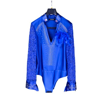 Ballroom Latin Dance Shirts Male Black Long Sleeve Lace V Collar Shirt Men Samba Cha Cha Dancing Tops Performance Wear: Blue / XXXL