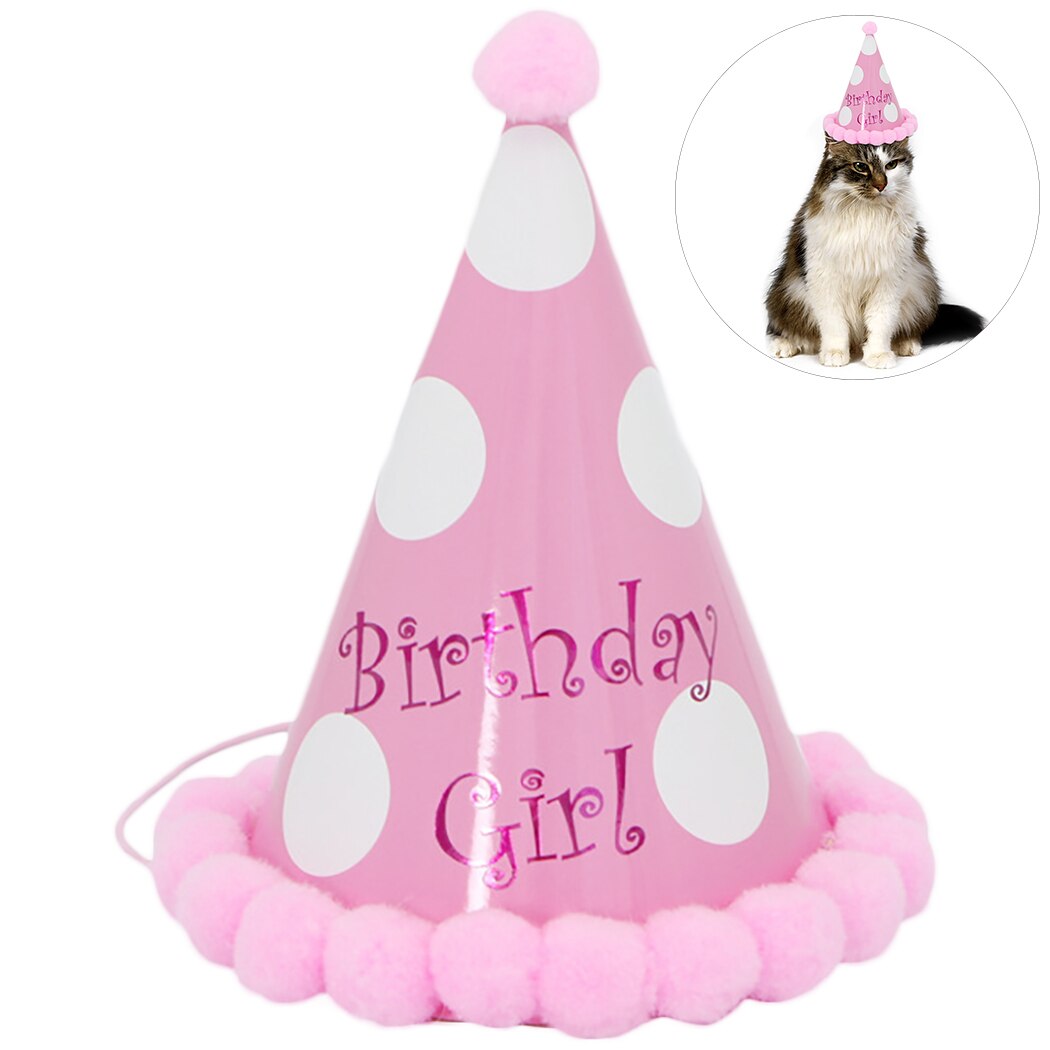 Chapeaux d'anniversaire à pois avec boules de poils pour chien et chat, accessoires de décoration de fête: Rose