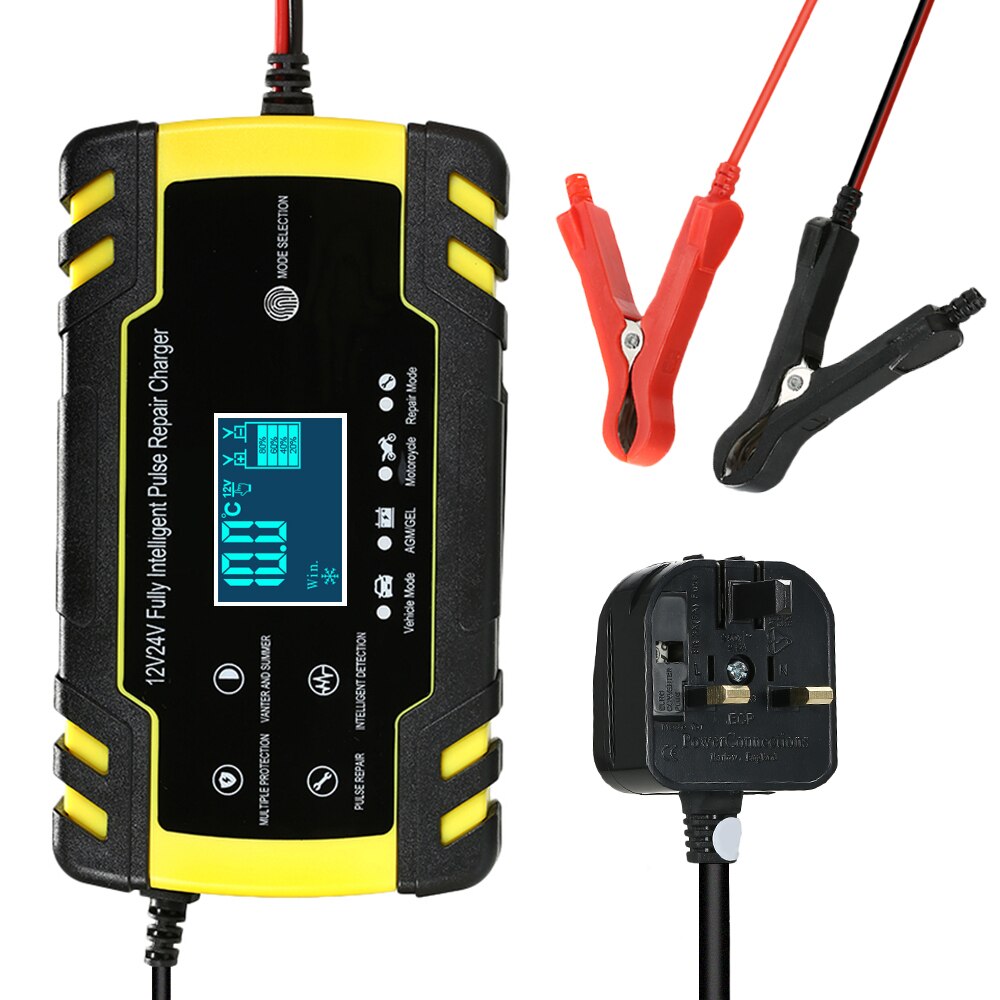 Chargeur de batterie de voiture 12V 8A 24V 4A | Chargeur de batterie intelligent, automatique, 3 étages, affichage LCD, chargeur de batterie à acide plomb humide, AGM GEL: Yellow UK Plug