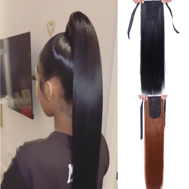LUPU-peluca larga y Lisa para mujer, coleta de 22 pulgadas, extensiones de cabello sintético resistente a altas temperaturas, color negro Natural