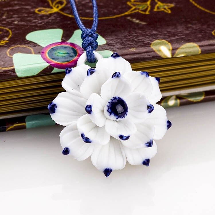 Vintage Stijl Blauw En Wit Keramische Handgemaakte Lotus Bloem Hanger Ketting Chinese Stijl Etnische Stijl Lange Ketting Vrouwen Lady: blue02