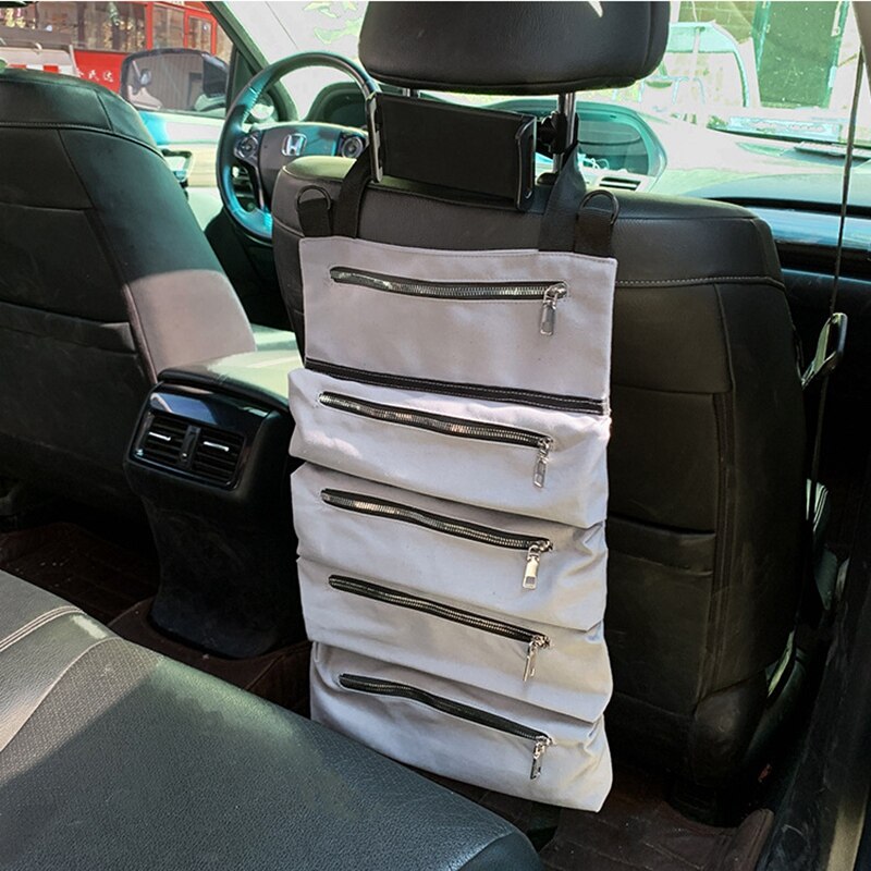 Outil de voiture enrouler sacs toile pochette de rangement outils fourre-tout porte-fronde siège arrière organisateur gris