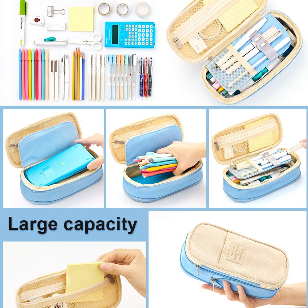 Jodimitty Grote Capaciteit Potlood Tas Make-Up Pouch Duurzaam Studenten Briefpapier Tas Met Dubbele Rits Oxford Stof Opbergzakken