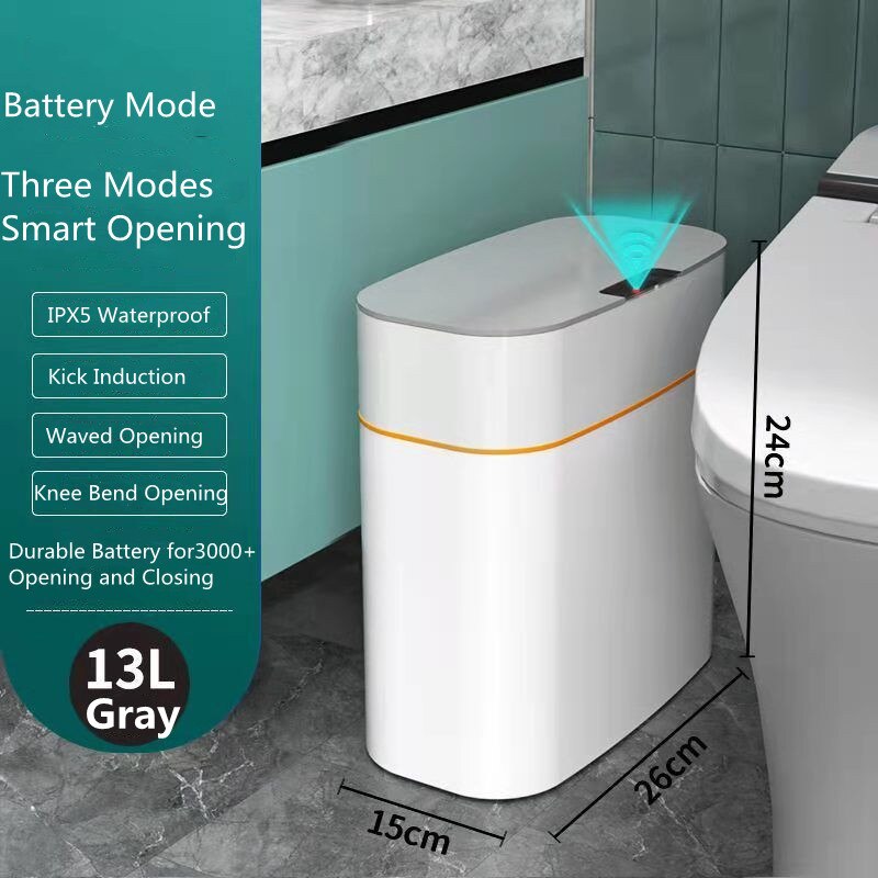 Smart Trash Can Intelligent Sensor Dustbin Electric Automatic Rubbish Can Waterproof Dustbin Household Kitchen Toilet Bin: 13L Battery Gray