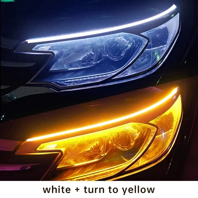 Luz de circulación Diurna LED DRL para coche, tira Flexible impermeable, faros automáticos, señal de giro blanca, luces de flujo de freno amarillas, 12V: Marfíl / YELLOW