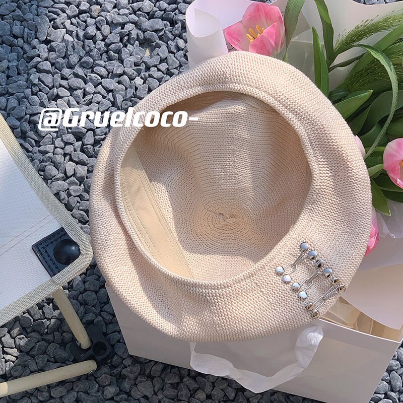 Kpop Linen Braid Beret Hat For Ladies Straps Studs Thin Breathable Casquette Trend Summer Vacation Boina Caps Painter Gorras: Beige Silver Buckle
