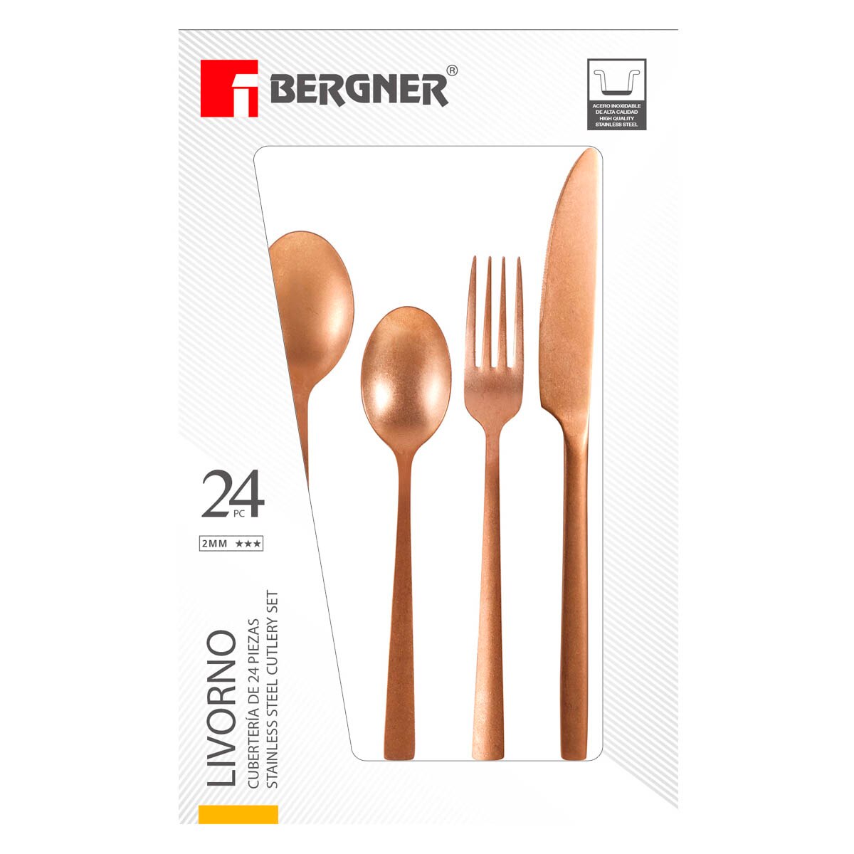 Set Van 24 Stuks Gold Bergner Livorno Bestek, Roestvrij Staal, Elegante, Sterke, Duurzame comfortabele Grip, Eenvoudige Reiniging, Bestek, Roestvrij Staal Bestek