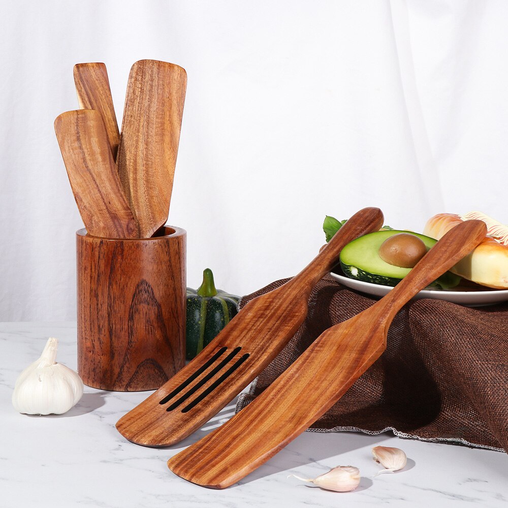 Kitchen Wooden Cooking Utensils Non Stick Natural Microphyll Acacia Wood Cookware Slotted Spurtle Spatula For Stirring Tools