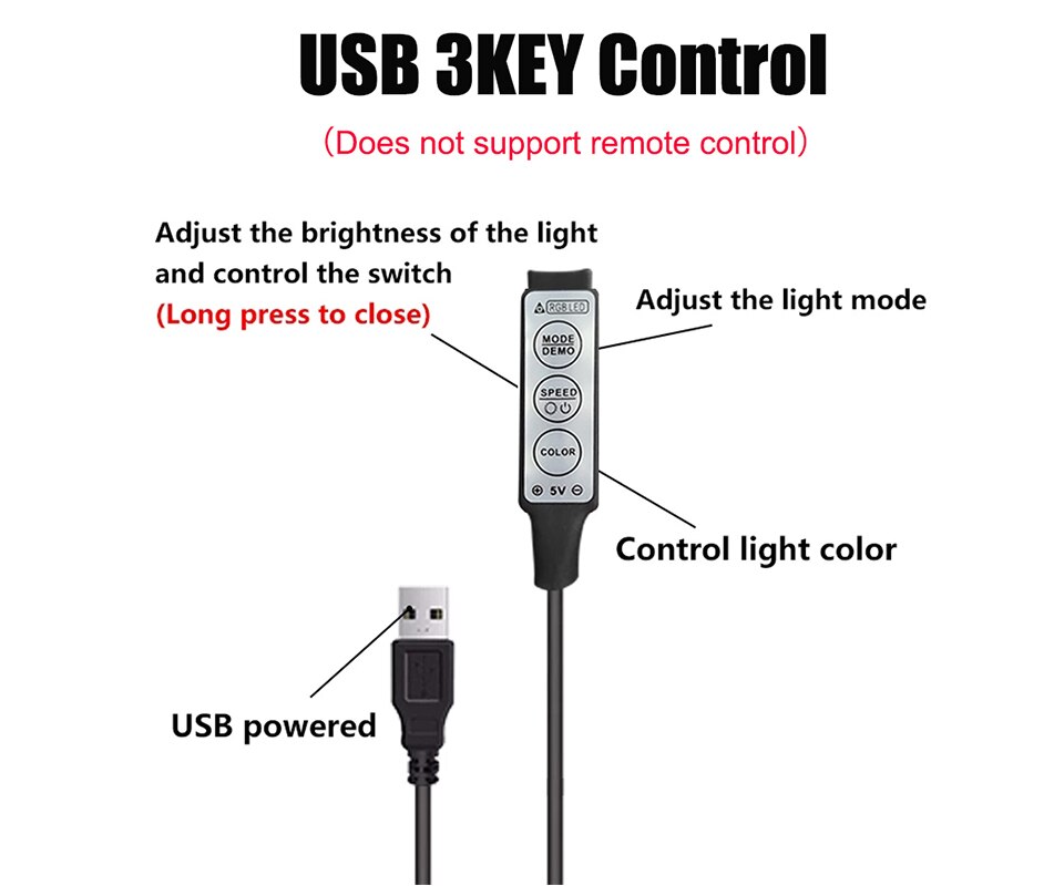 Controlador RGB de 0,5 m y 1m, de 5V Cable conector USB, atenuador de línea de 4 pines, tira de 3 teclas para luces LED RGB de 5V 5050 2835, cinta de luz de fondo de TV