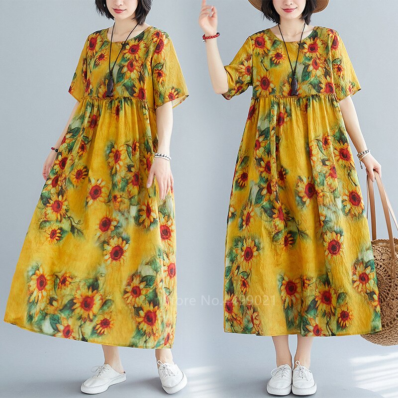 Zomerse traditionele chinese kleding voor vrouwen, etnische print linnen tang-pakjurk, hanfu casual hoge taille gewaad, losse jurken