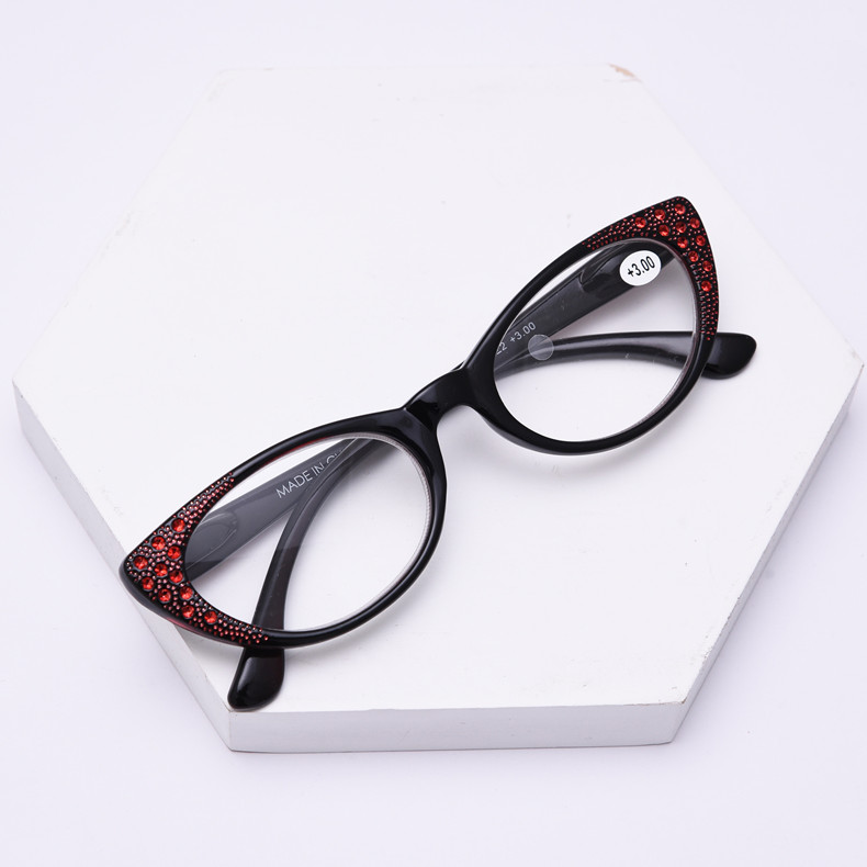 Oulylan Katze Auge Lesebrille Frauen Diamant Presbyopie Brillen Hyperopie Brille Damen Eyewears Tragbare + 2,0: +100 / rot