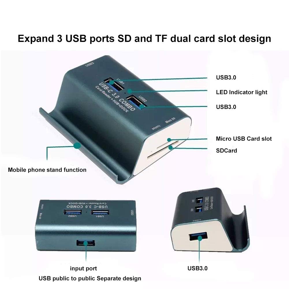 Lector de tarjetas USB 3,0 de alta velocidad, Hub DE 3 puertos USB 3,0 con soporte para teléfono, USB-C de aluminio/TYPE-C 3,0, Combo SD/TF/MicroSD