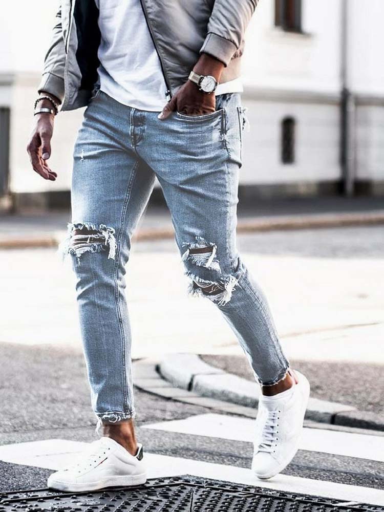Men Jeans Streetwear Knee Ripped Skinny Hip Hop Estroyed Hole Pants Solid Color Male Stretch Casual Denim Big Trousers