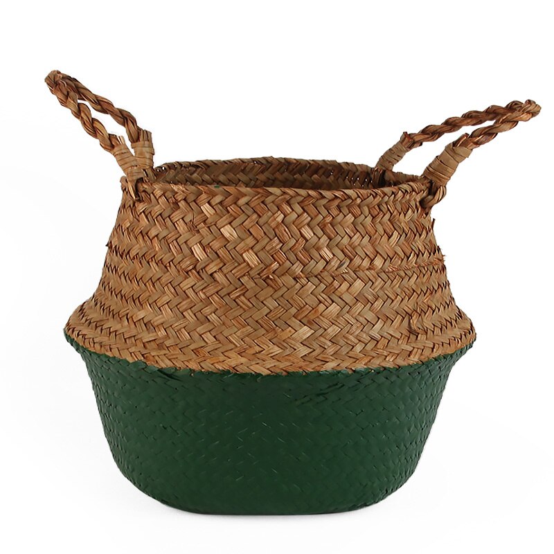 14 Colors Panier Osier Foldable Handmade Storage Basket Wicker Rattan Seagrass Straw Flower Pot Laundry Basket Cestas Mimbre: Green