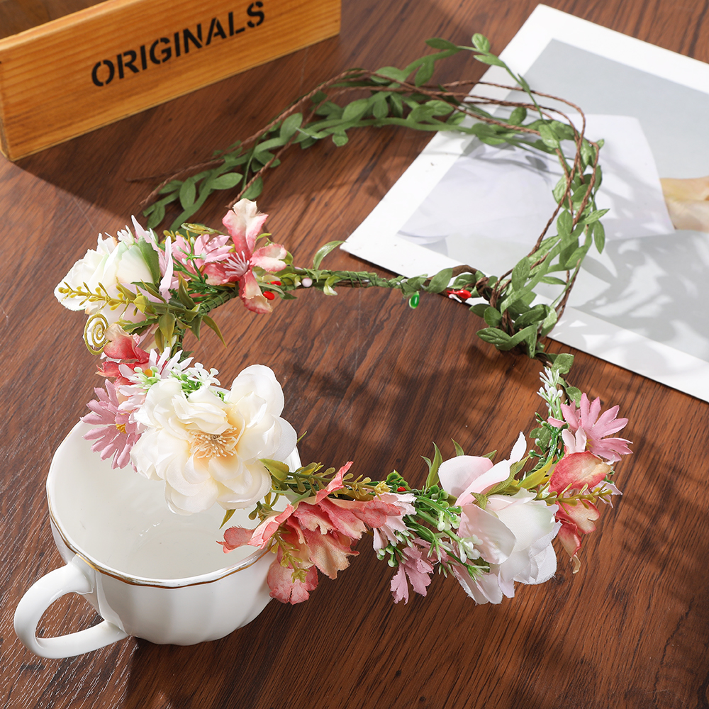 Haimeikang-Diadema de corona de flores para mujer, guirnalda de flores de melocotón, bandas para el cabello nupciales de boda, bandas florales para mujer, hoja de vid para