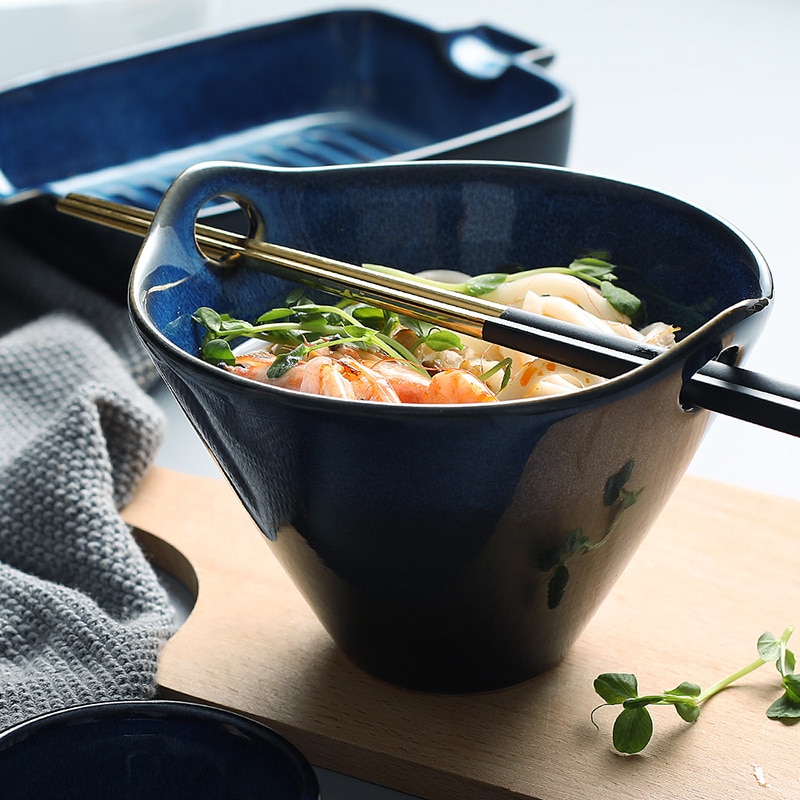 Blauw keramische kom noodle diner eten platen soepkom slakom lade