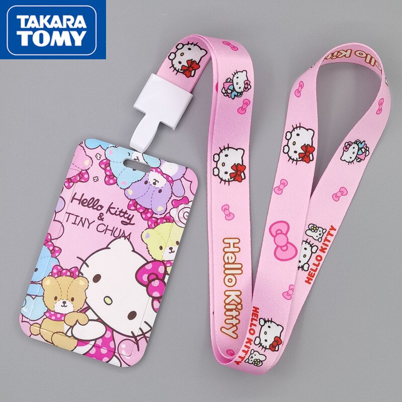 TAKARA TOMY Cute Cartoon Hello Kitty Printed Anime Bus Card Set Light Industry Card Lanyard Campus Meal Card