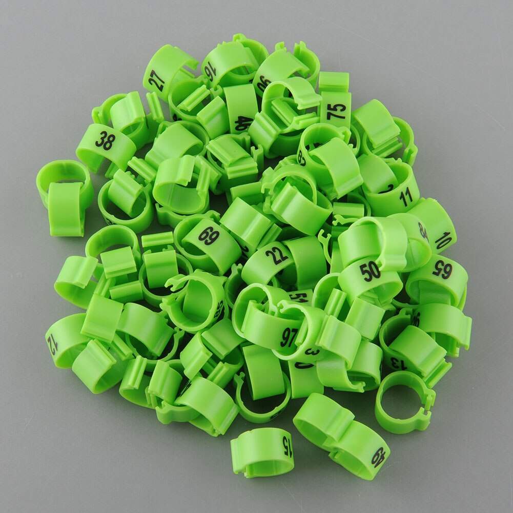 100Pcs 10.5mm Poultry Leg Bands Bird Pigeon Parrot Duck Hen Rings Clip 1-100 Numbered Poultry Leg Rings 10 Colors Pet Product: green