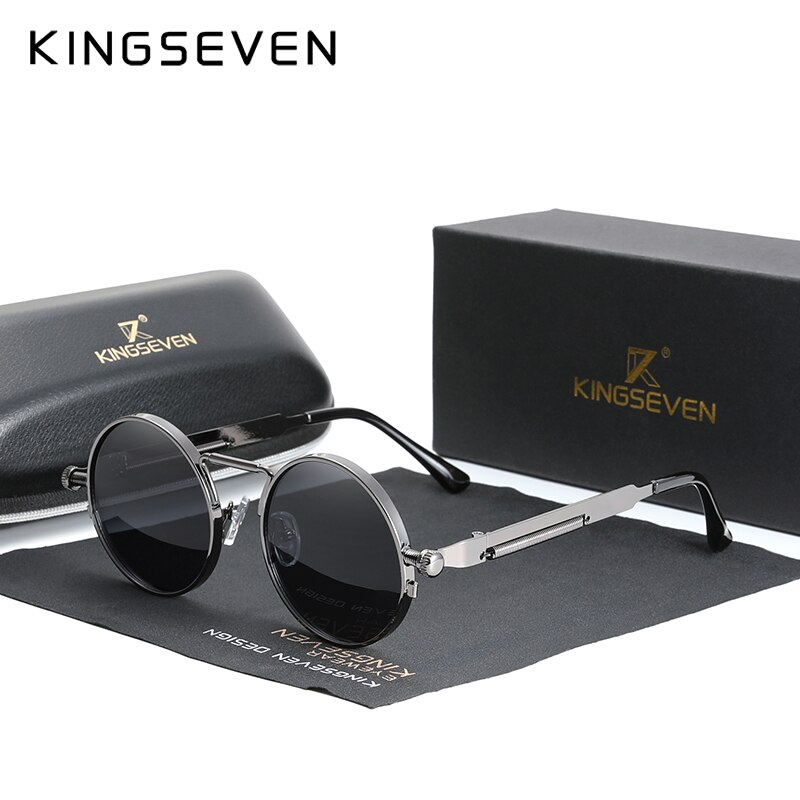 KINGSEVEN, gafas de sol góticas Steampunk de , gafas de sol polarizadas para hombres y mujeres, gafas de sol con montura metálica redonda Vintage de de: Gris