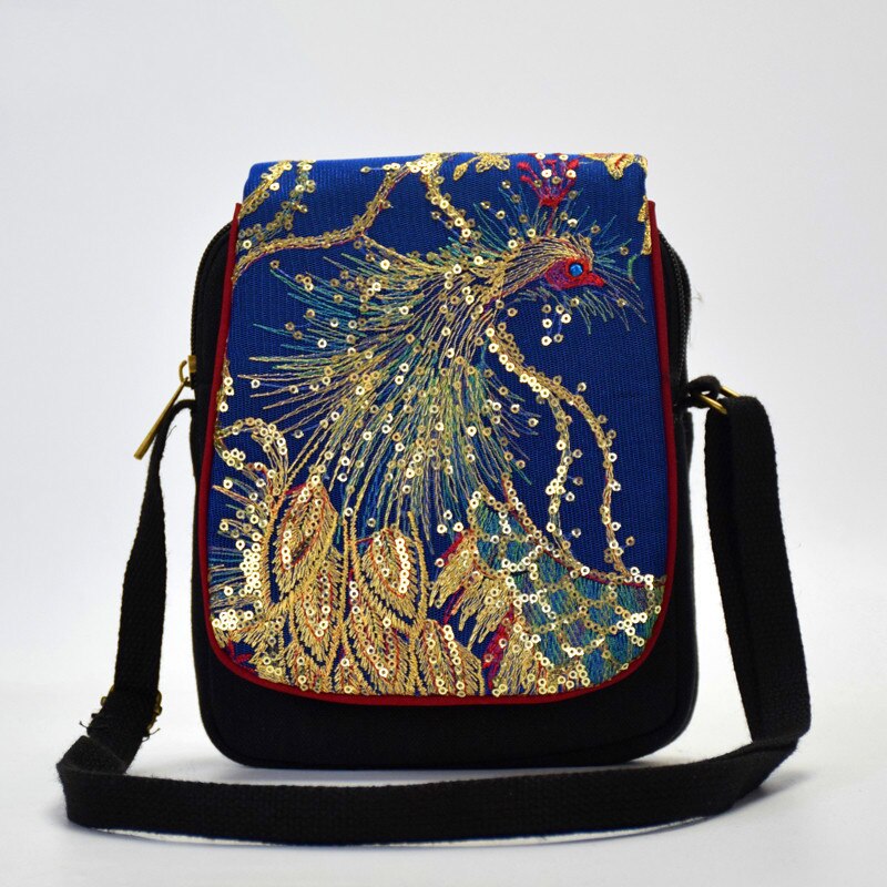 Nationale Stijl Borduurwerk Tas Voor Vrouwen China Geborduurd Canvas Schoudertas Schuin Kleine Tassen Pauw Phoenix Reizen Schoudertas: blue