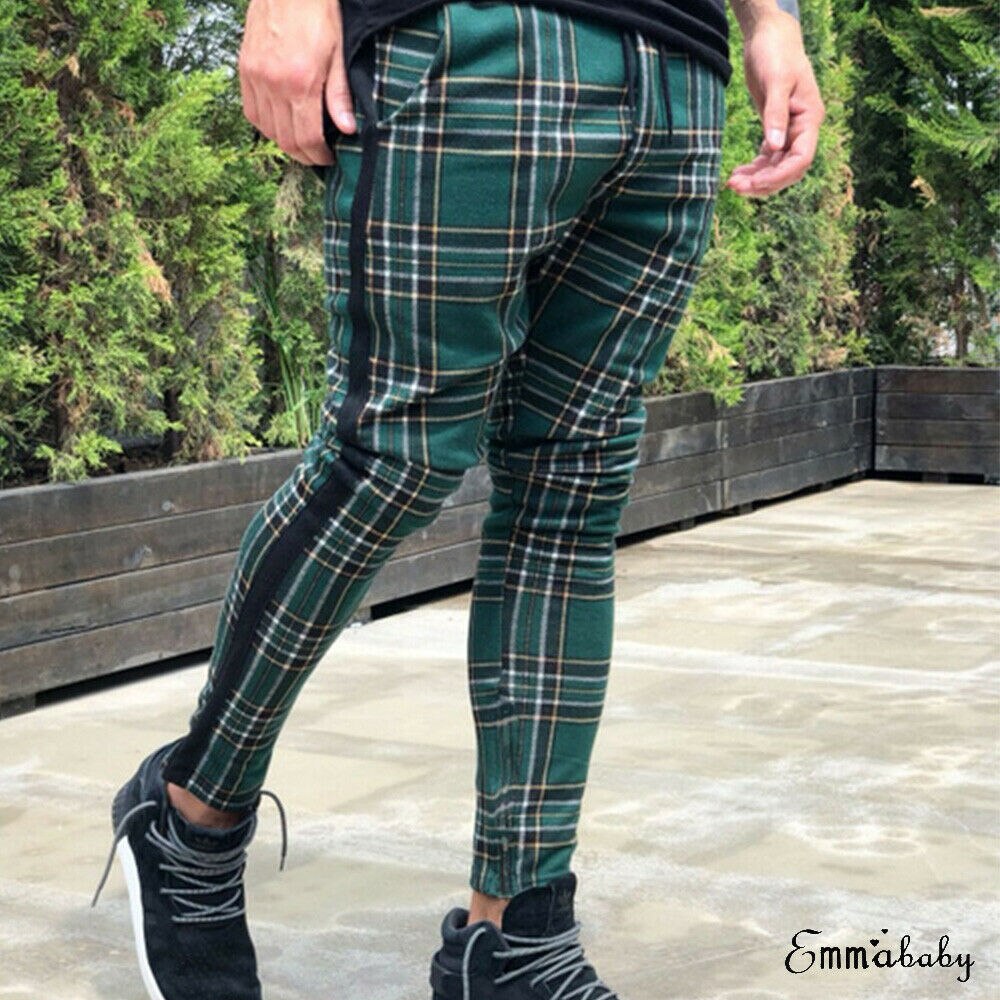Miehet stretch skinny slim fit housut kontrasti ruudullinen housut miesten smart casual housut punainen vihreä harmaa: L / Vihreä