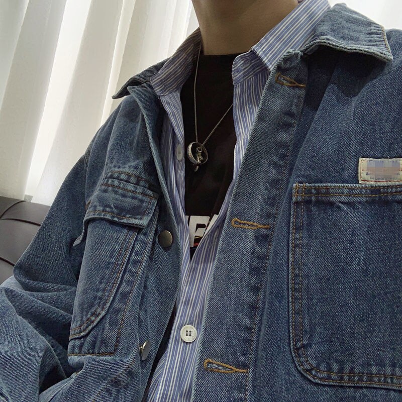 Katoen Blauw Denim Jas Heren Mode Retro Pocket Denim Jassen Heren Streetwear Losse Hip-Hop Bomberjack Mannen utility Jacket