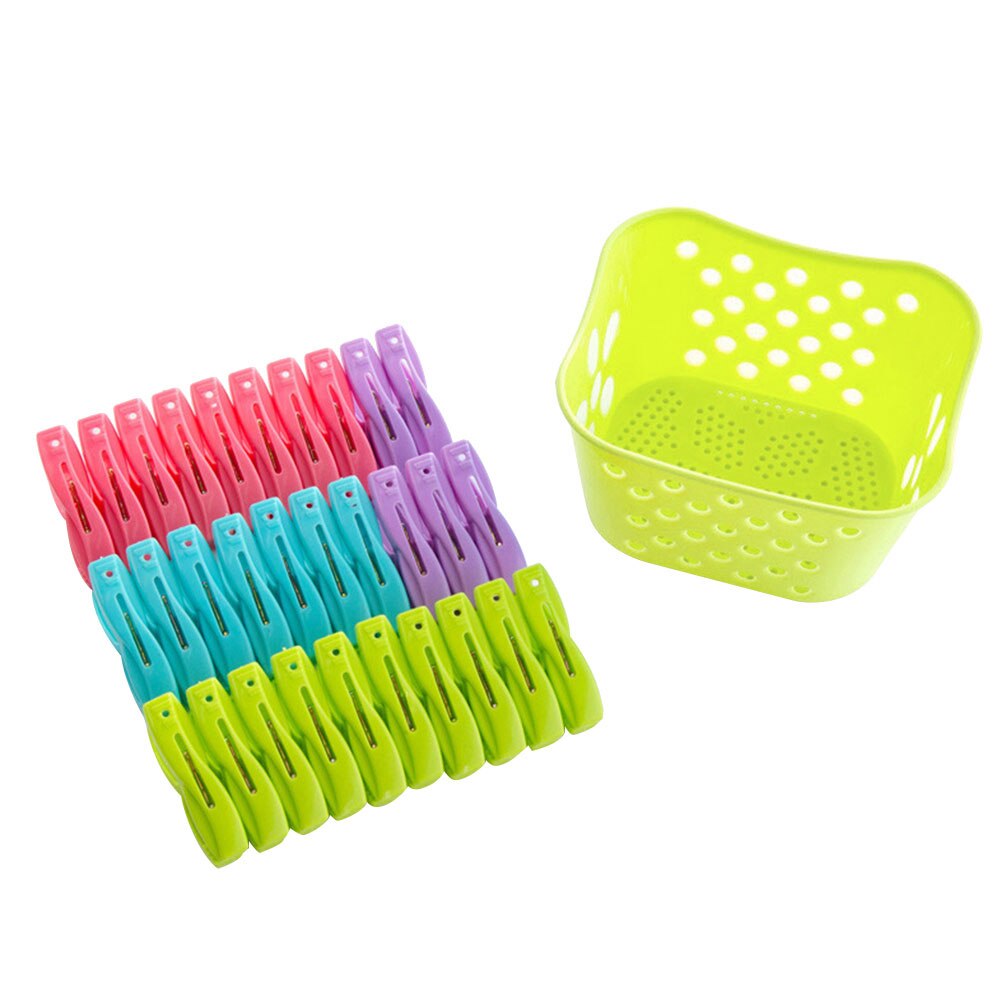 30Pcs Plastic Clothes Pegs with Storage Basket Drying Clothes Clips Socks Shirt Pegs Clothespins Laundry Storage Organizer: Green  