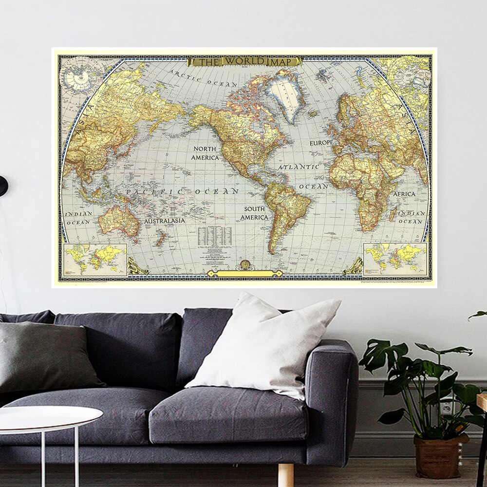 Mapa mundi vintage 1943 cm x 225 cm, arte para parede, pôster, pintura em tecido não tecido, decoração para sala de estar, casa, escritório, material escolar