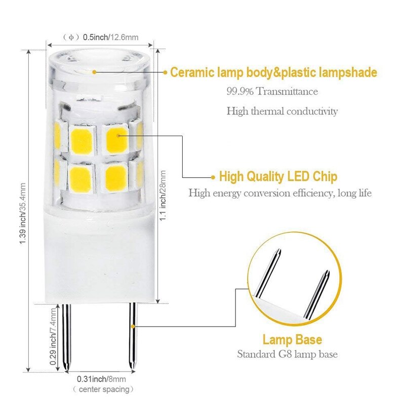 Led  g8 lyspære , g8 gy8.6 bi- pins base led, ikke dæmpbar  t4 g8 base bi-pin xenon jcd type led 120v (5- pakke)  (g8 3w positive whi