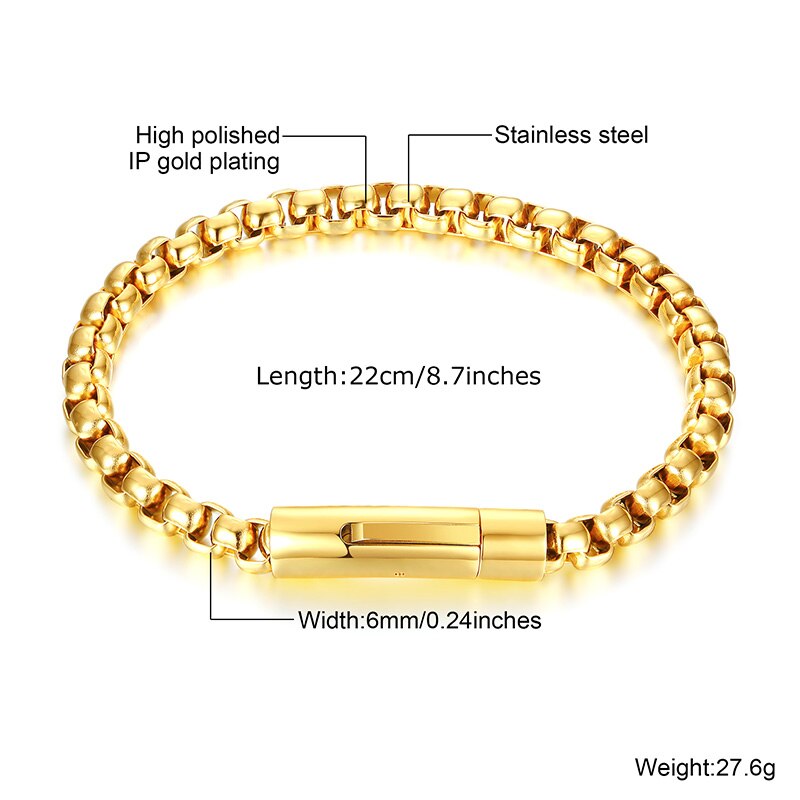 Men&#39;s Spiga Chain Bracelet Gold Tone Stainless Steel Round Box and Wheat Link Braslet Male Jewelry 8.5: style3